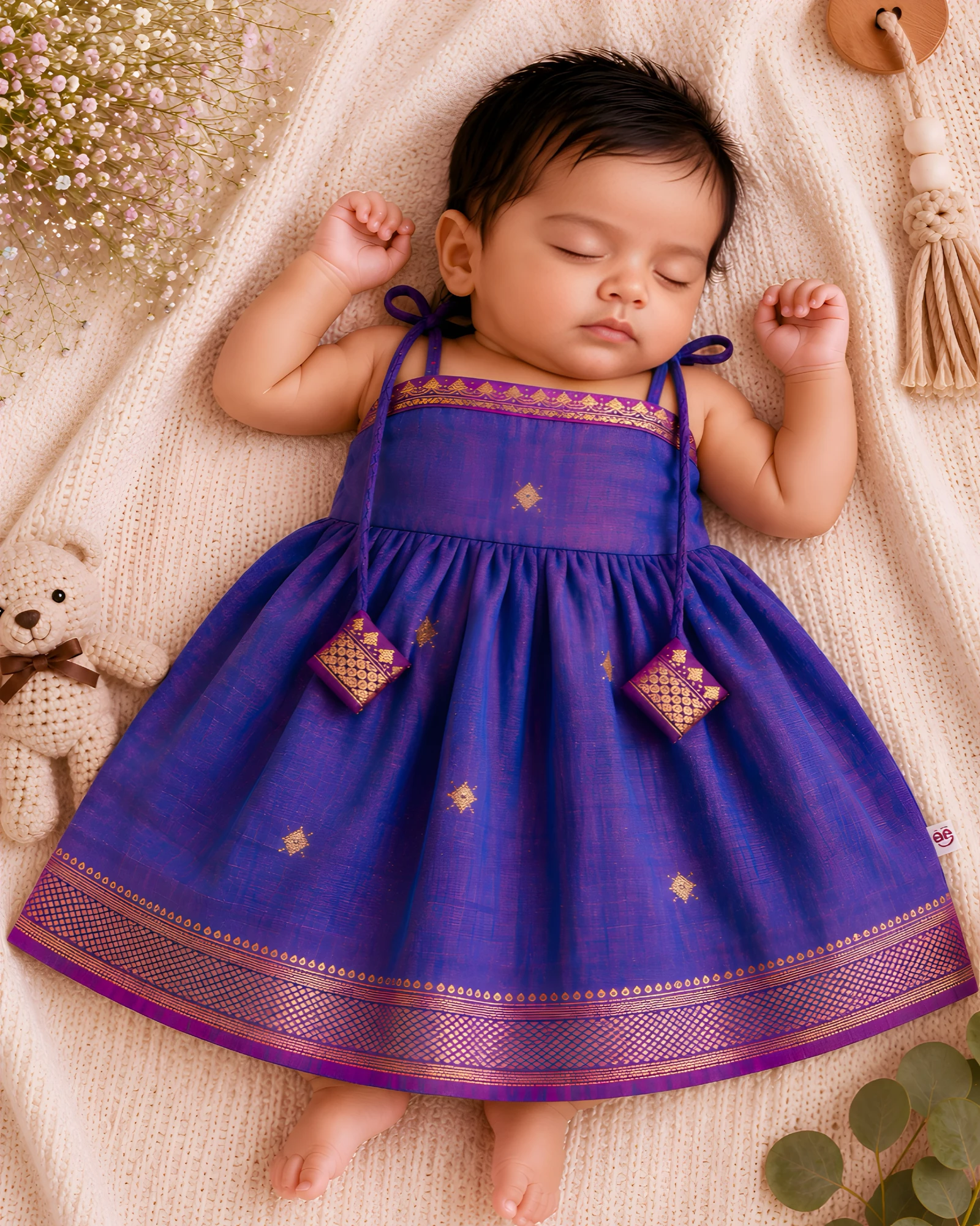 Bhale Baala | Pure Cotton Shoulder-Knot Baby Frock with Zari Border Blue colour – Festive Wear
