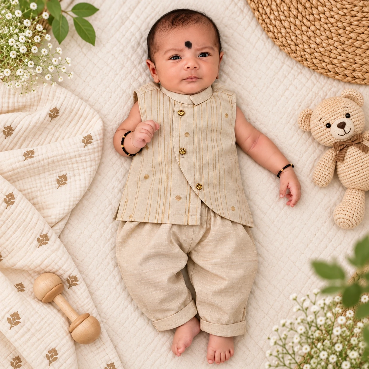 Bhale Baala Beige | Pure Cotton Gold Stripe Butta Baby Kurta & Pant Set for baby boys – Festive Wear