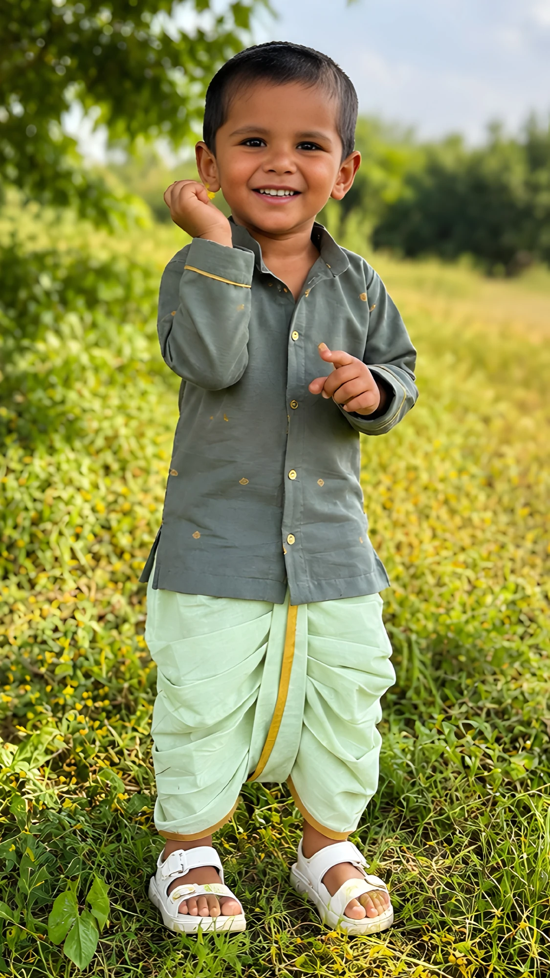 Bhale Baala Olive Green | Pure Cotton Gold Zari Buti Dhoti Set for 0-2 years boys