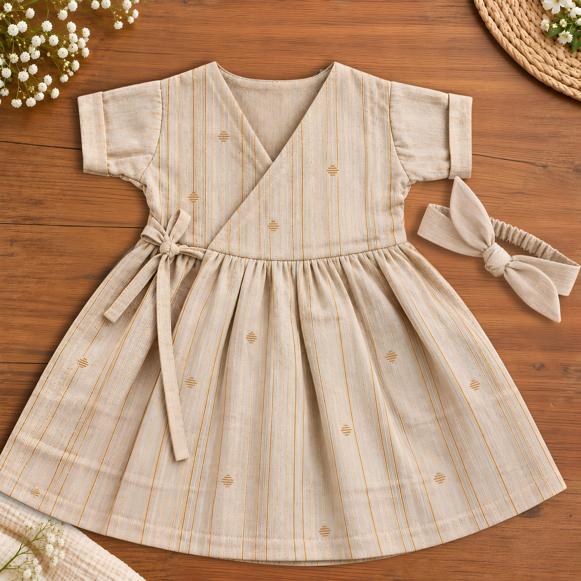 Bhale Baala Beige | Pure Cotton Gold Butta Baby Frock with Full Lining & Matching Headband – Festive Collection
